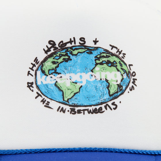 Keepgoing Globe Trucker Hat (White/Blue)